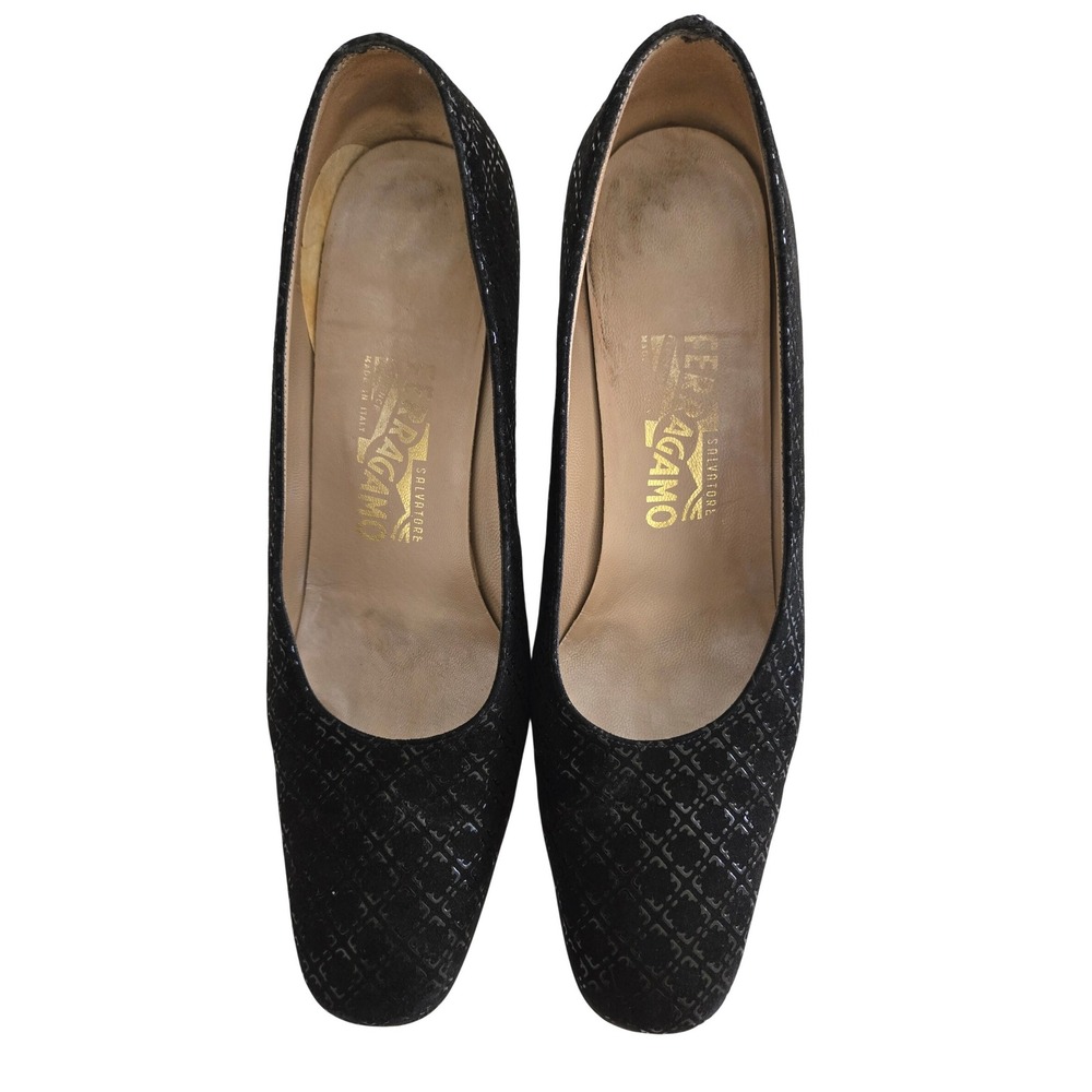 Salvatore Ferragamo Womens 9 Pumps Black Suede Gancini Monogram Italy Heels